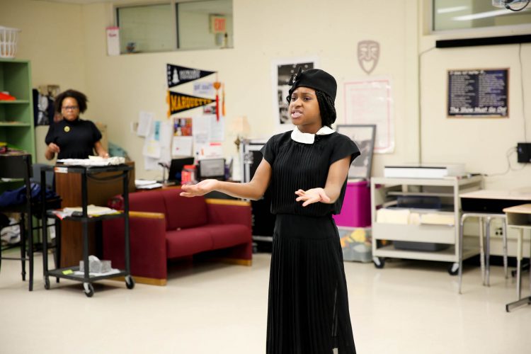 Students at Cowherd Middle School rehearse for their February 24 performance with Ms. Collette Taylor, drama teacher